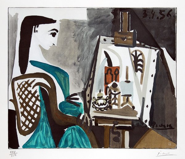 Pablo Picasso, Jacqueline à l'Atelier (Jacqueline at the Easel), 1956. Color lithograph.