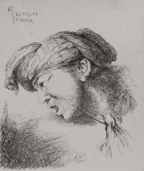 Giovanni Benedetto Castiglione Etching, Man Wearing a Small Turban and a Tie Fastened Around His Neck, Facing Left