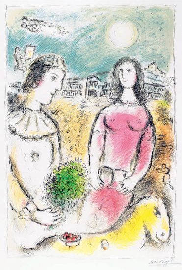 Marc Chagall Lithograph, Couple au Cr&amp;eacute;puscule (Couple at Dusk), 1980