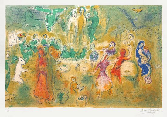 Marc Chagall Lithograph, Festin nuptial dans la grotte des nymphes (Wedding feast in the cave of the nymphs) from Daphnis & Chloe, 1961