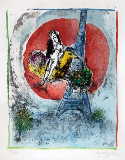 Marc Chagall Lithograph, Les Amoureux de la Tour Eiffel (The Eiffel Tower Lovers), 1960
