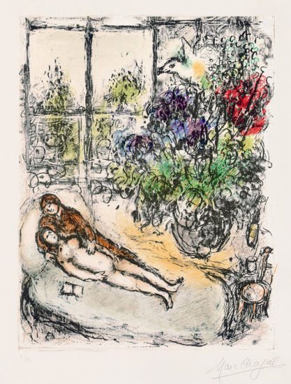 Marc Chagall Lithograph, Couple, Window and Flowers, 1976