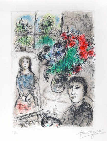 Marc Chagall Lithograph, Le Chevalet aux fleurs (Easel with Flowers), 1976