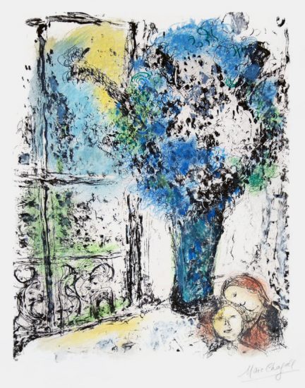 Marc Chagall Lithograph, Le Bouquet Bleu (The Blue Bouquet), 1974