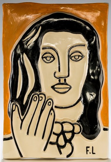 Fernand Léger Ceramic, Visage a une main sur fond ocre (Face with One Hand on Ocher Background)
