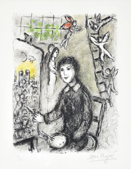 Marc Chagall Lithograph, Le peintre devant le tableau (The Painter in Front of his Painting), 1978
