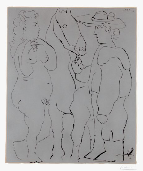 Pablo Picasso Linocut, Picador debout avec son cheval et une femme (Picador, Woman, and Horse),1959