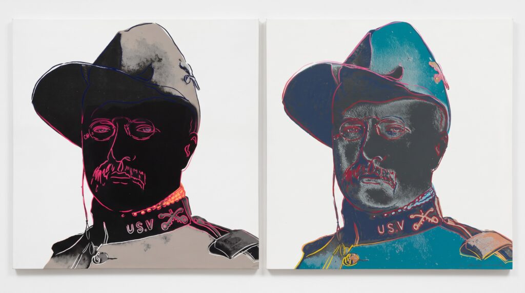 On the left: Andy Warhol Original Screenprint Teddy Roosevelt Color Trial Proof. On the right: Andy Warhol Original Screenprint Regular Edition. Notice the color differences and variation.