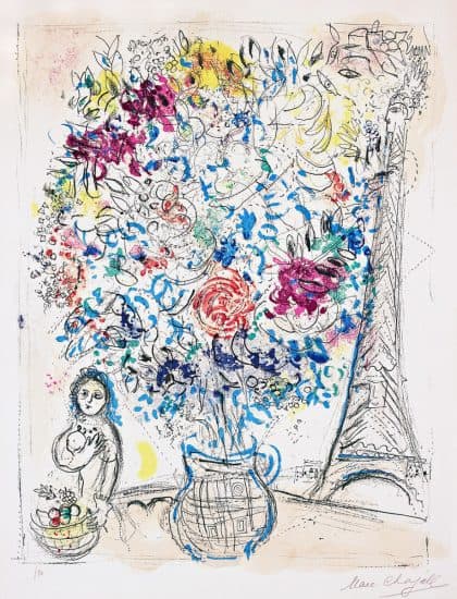Marc Chagall Lithograph, Bouquet à la Tour Eiffel (Bouquet with Eiffel Tower), 1958