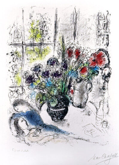Marc Chagall Lithograph, Bouquet aux Amoreux (Bouquet with Lovers), 1976