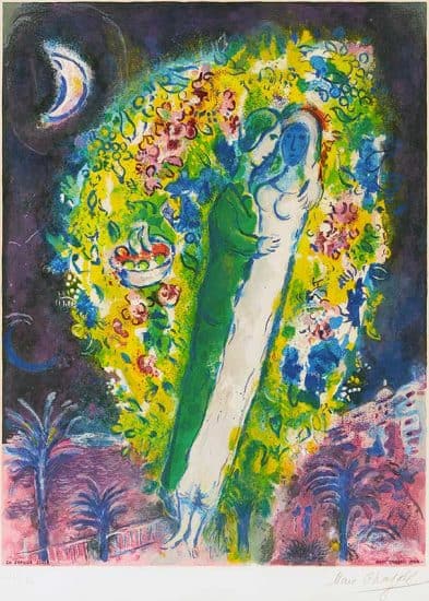 Marc Chagall Lithograph, Couple dans Mimosa (Couple in Mimosa), from Nice and the Côte d'Azur, 1967