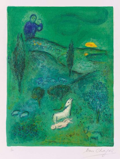 Marc Chagall Lithograph, Découverte de Daphnis par Lamon (Discovery of Daphnis by Lamon), from Daphnis et Chloé, 1961