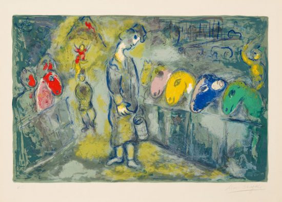 Marc Chagall Linocut, Ecurie de chevaux, from Le Cirque, 1967