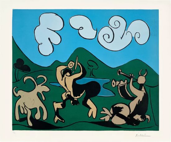 Pablo Picasso Linocut, Faunes et chèvre (Fauns and a Goat), 1959