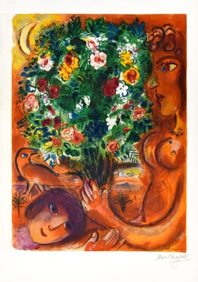 Marc Chagall Lithograph, Femme au Bouquet (Woman with Bouquet), 1967