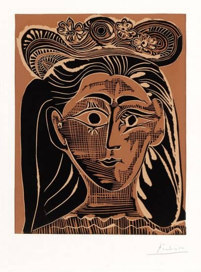 Pablo Picasso Linocut, Femme au chapeau à fleurs (Woman with a Flowered Hat), 1962