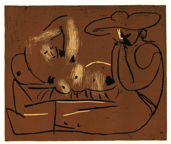 Pablo Picasso Linocut, Femme couchée et homme au grand chapeau (Reclining Woman and a Man with a Large Hat), 1959