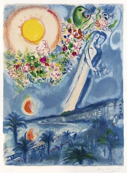 Marc Chagall Lithograph, Fiancés dans le ciel de Nice (Fiancés in the Sky at Nice) 1967