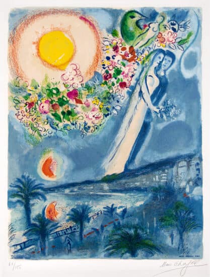 Marc Chagall Litografía, Fiancés dans le ciel de Nice (Fiancés in the Sky at Nice) from Nice and The Côte d’Azur, 1967