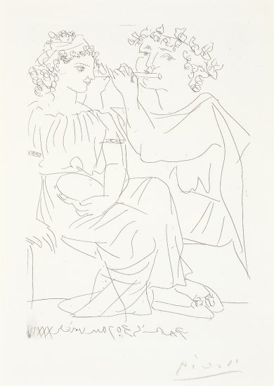 Pablo Picasso Etching, Flûtiste et Jeune Fille au Tambourin (Flutist and Tambourine girl) from the Vollard Suite, 1934