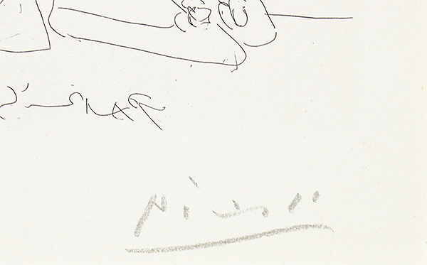 Pablo Picasso signature, Flûtiste et Jeune Fille au Tambourin (Flutist and Tambourine girl) from the Vollard Suite, 1934