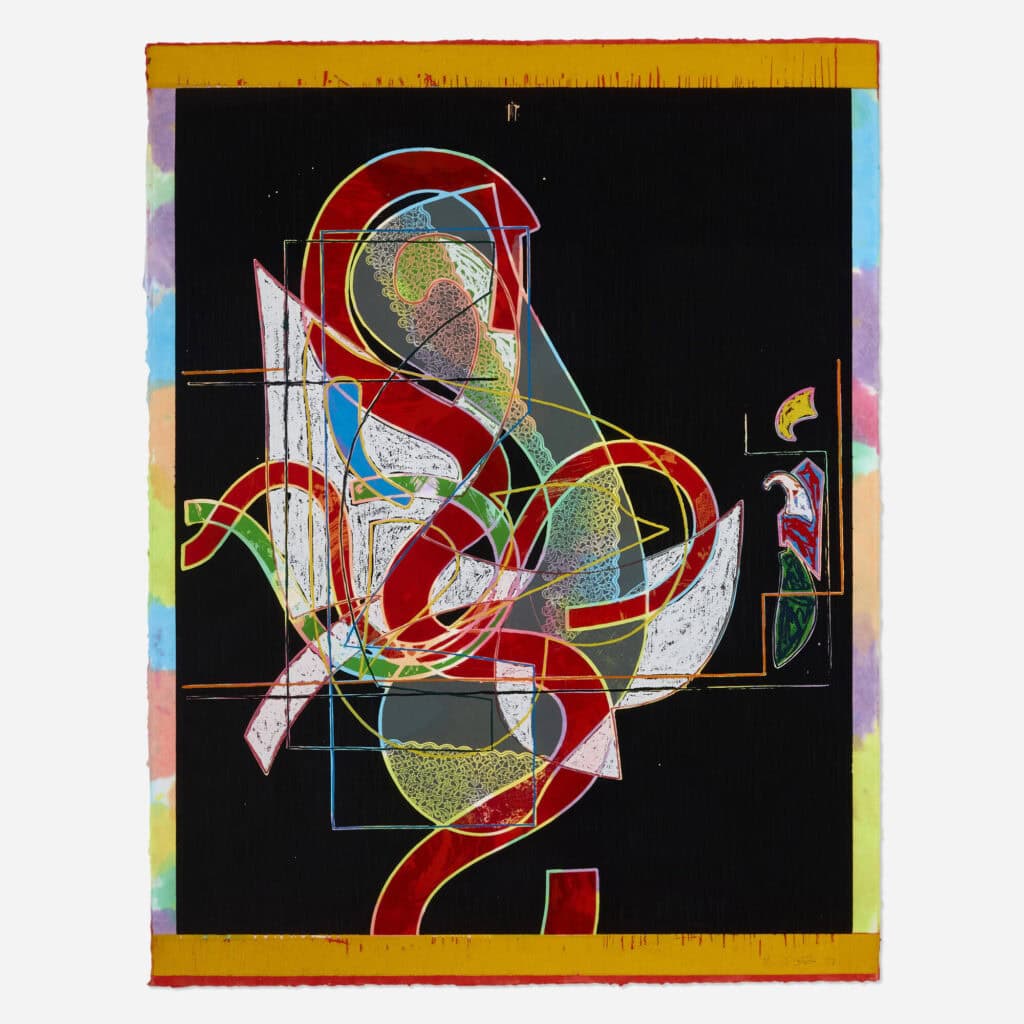 Frank Stella, Pergusa Three, from the Circuits series, colorful abstract print with layered geometric forms on a black ground.