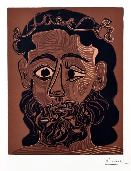 Pablo Picasso Linocut, Homme barbu couronné feuilles de vigne, 1962
