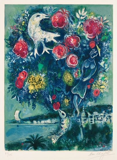 Marc Chagall Lithograph, La Baie des Anges au Bouquet de Roses (Angel Bay with a Bouquet of Roses), 1967
