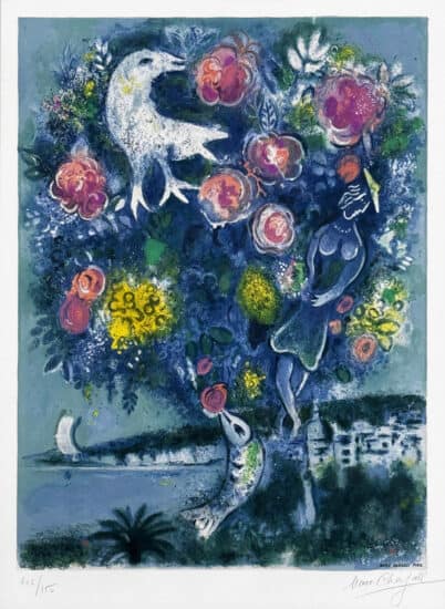 Marc Chagall Lithograph, La Baie des Anges au Bouquet de Roses (Angel Bay with a Bouquet of Roses) from Nice and The Côte d’Azur, 1967