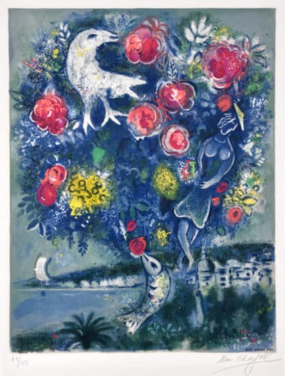 Marc Chagall Litografía, La Baie des Anges au Bouquet de Roses (Angel Bay with a Bouquet of Roses), 1967