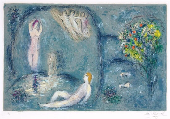 Marc Chagall Lithograph, La Caverne des Nymphes (The Nymph’s Cave) from Daphnis et Chloé, 1961