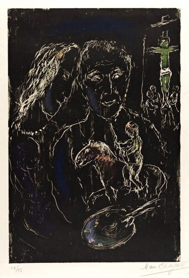 Marc Chagall Lithograph, Le Peintre sur Fond Noir