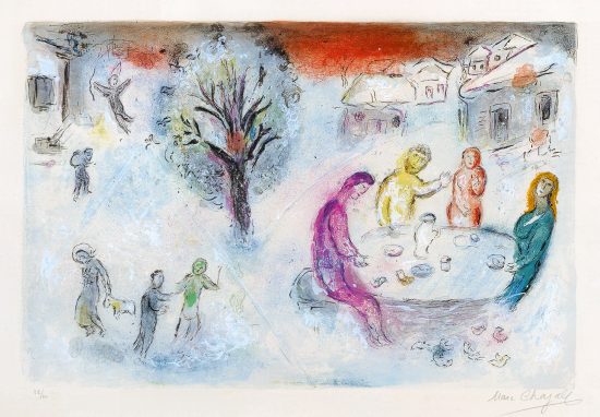 Marc Chagall Lithograph, Le repas chez Dryas (The Meal at Dryas's House) from Daphnis & Chloé,1961