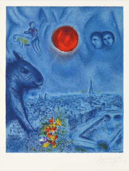 Marc Chagall Lithograph, Le soleil de Paris (The Paris Sun), 1977