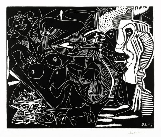 Pablo Picasso Linocut, Le Thé: Deux Femmes Nues et une Chat (The Tea: Two Naked Women and a Cat), 1965