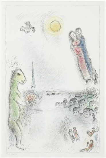 Marc Chagall Lithograph, Les Deux Rives (The Two Banks), 1980