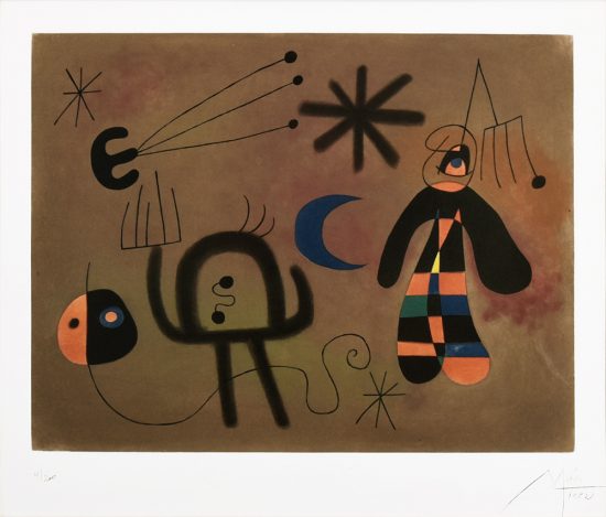 Joan Miró Etching, L'Oiseau-fusée vise la fourche glissant en cascade vers le point noir (The Rocket-Bird Aims for the Fork Cascading Down Toward the Black Point), 1952