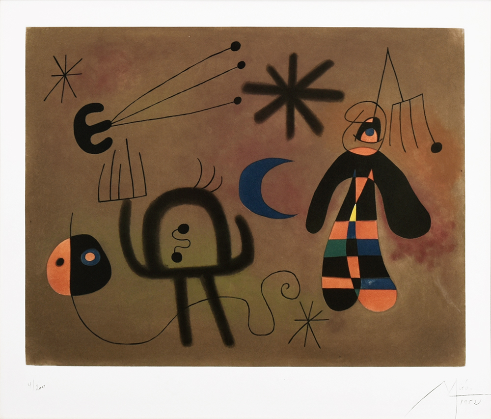 Joan Miró, L'Oiseau-fusée vise la fourche glissant en cascade vers le point noir (The Rocket-Bird Aims for the Fork Cascading Down Toward the Black Point), 1952