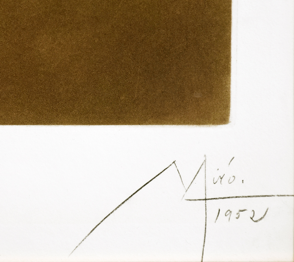 Joan Miró signature, L'Oiseau-fusée vise la fourche glissant en cascade vers le point noir (The Rocket-Bird Aims for the Fork Cascading Down Toward the Black Point), 1952