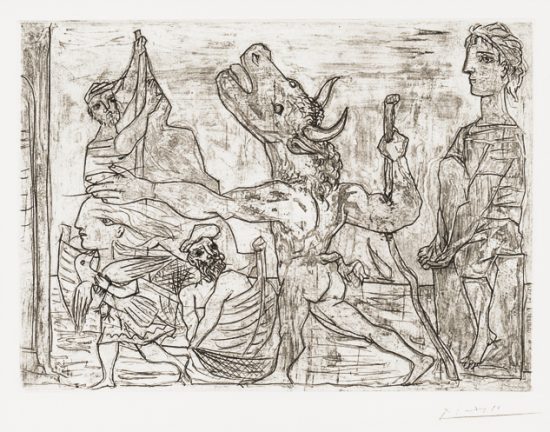 pablo picasso etching blind minotaur led by girl with fluttering dove from the vollard suite 1934 for sale