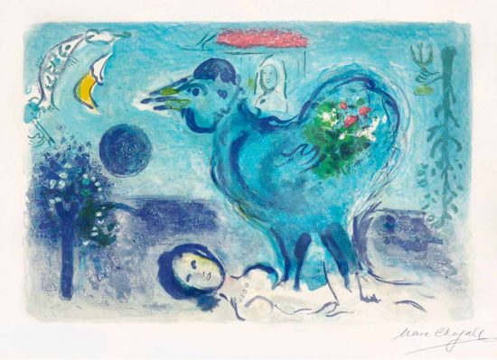Marc Chagall Lithograph, Paysage au coq (Landscape with Rooster), 1958