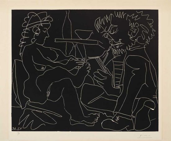 Pablo Picasso Linocut, Peintre dessinant et modèle nu au chapeau, 1965