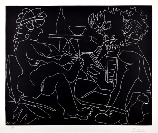 Pablo Picasso Linocut, Peintre dessinant et modèle nu au chapeau, 1965
