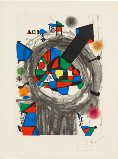 Joan Miró Etching and Aquatint, Personnage a la Flèche Noire (Figure with Black Arrow), 1977