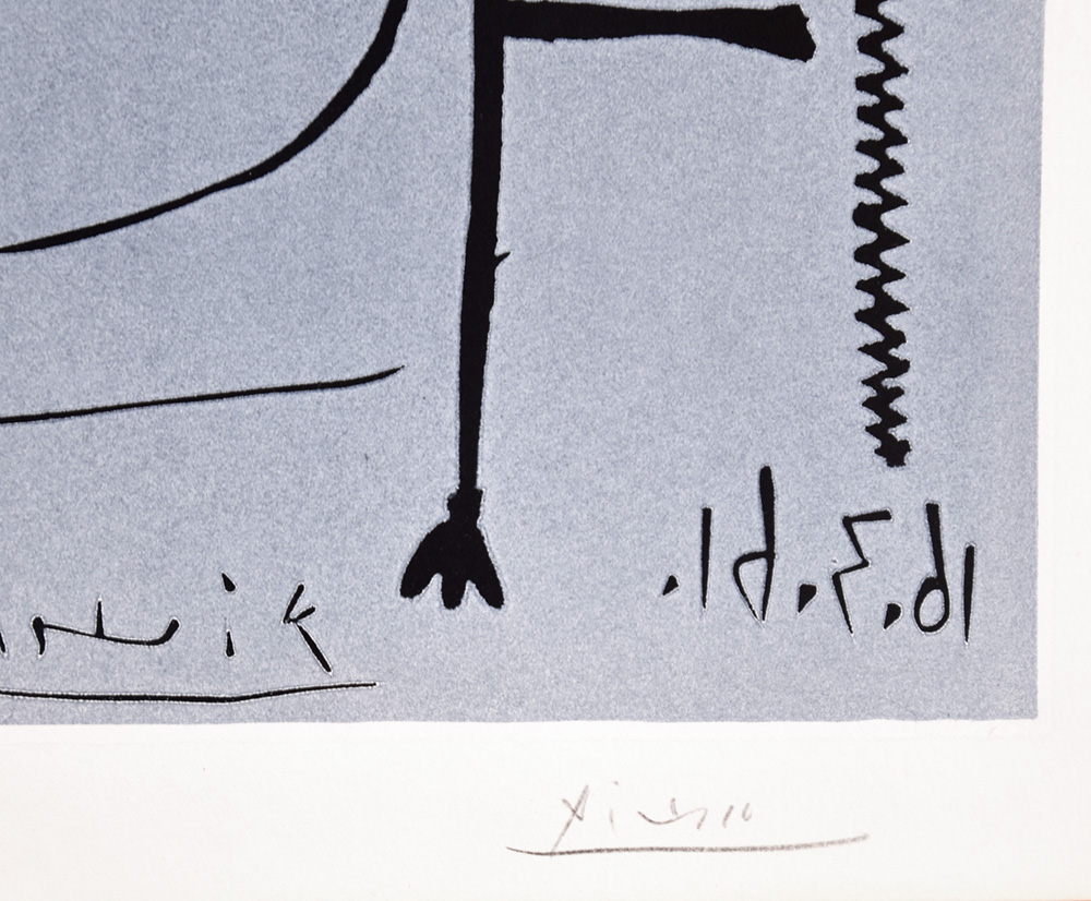 Pablo Picasso signature, Picasso Linocut Madoura, 1961
