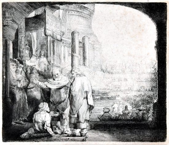 Rembrandt Etching, Saint Peter and Saint John Healing the Cripple at the Gate of the Temple, 1659