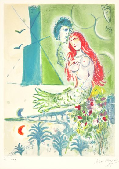 Marc Chagall Lithograph, Sirène au poète (Siren with Poet), from Nice and the Côte d'Azur, 1967