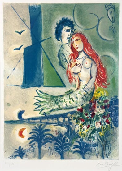 Marc Chagall Lithograph, Sirène au poète (Siren with Poet), Nice and the Côte d'Azur Series, 1967