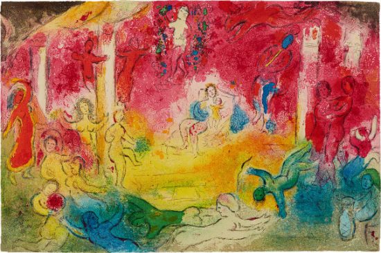 Marc Chagall Lithograph, Temple et Histoire de Bacchus (Temple and History of Bacchus), from Daphnis et Chloé, 1961