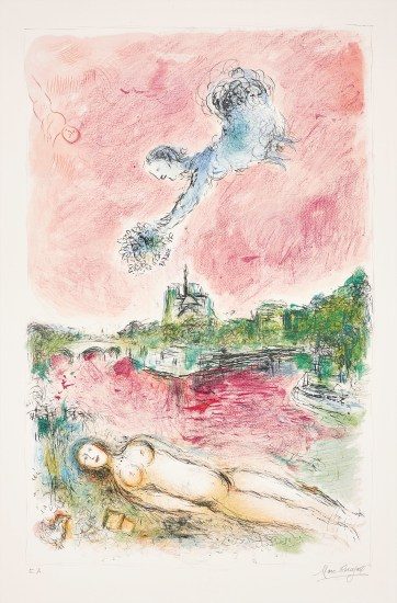 Marc Chagall Lithograph, Vue sur Notre-Dame (View of Notre-Dame), 1980